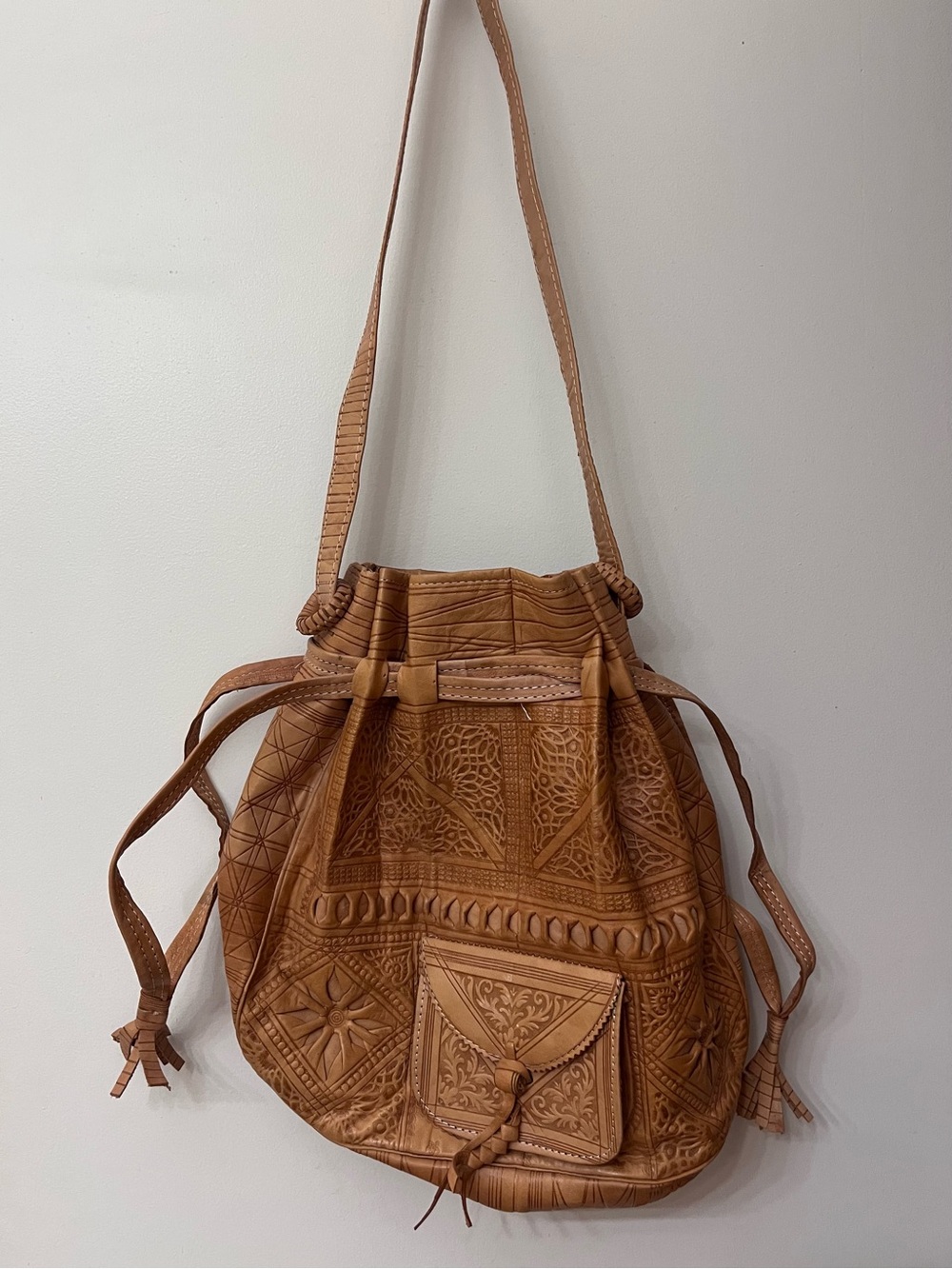 Handcrafted Moroccan Tan Leather Drawstring Shoulder Bag